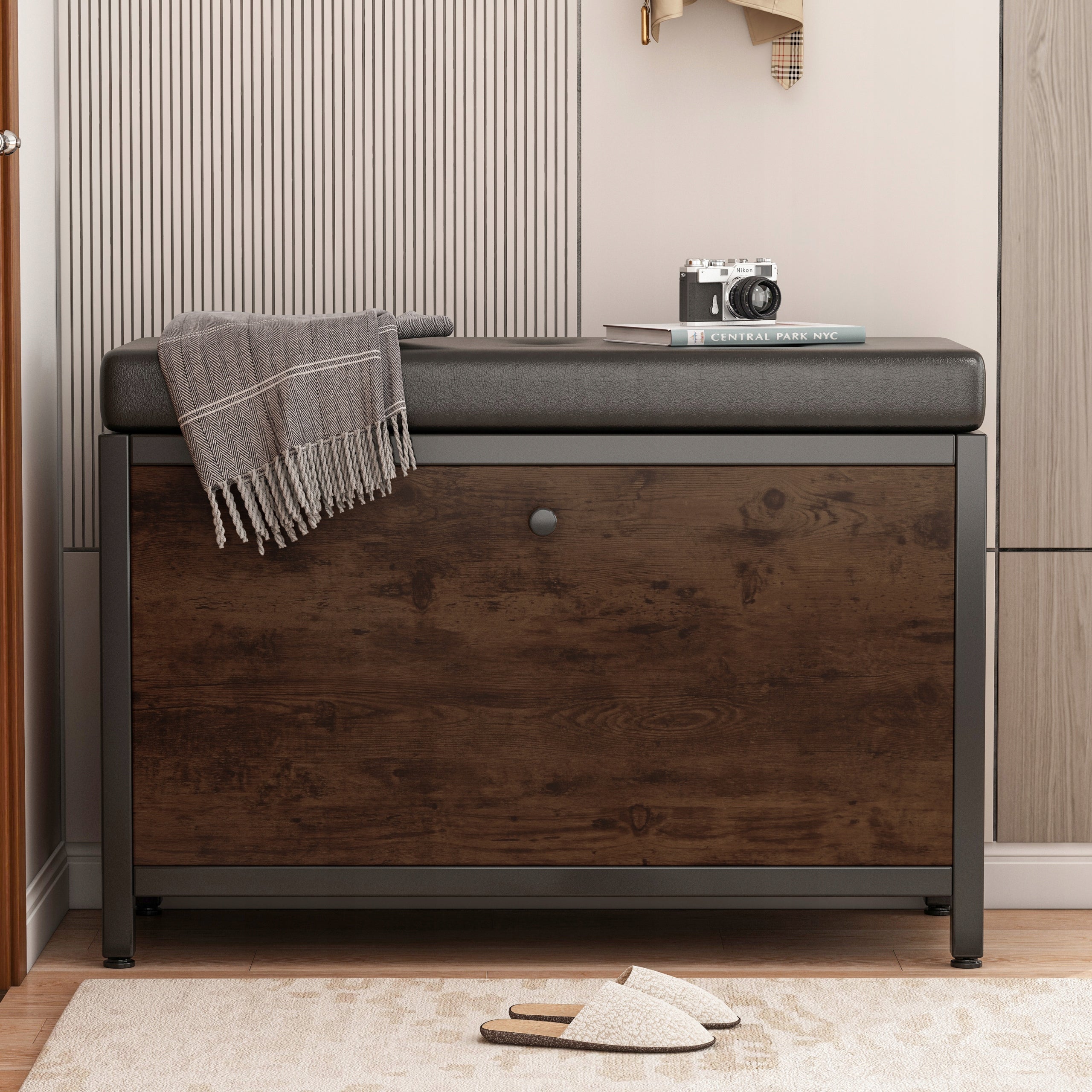 Armadio per scarpe con seduta, capiente, ripostiglio apribile, ripiano in legno, stile retrò