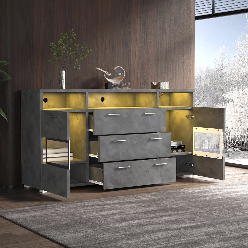 Credenza Moderna con LED ¨C Xylo ¨C Grigio, 140 cm, 2 Ante, 3 Cassetti