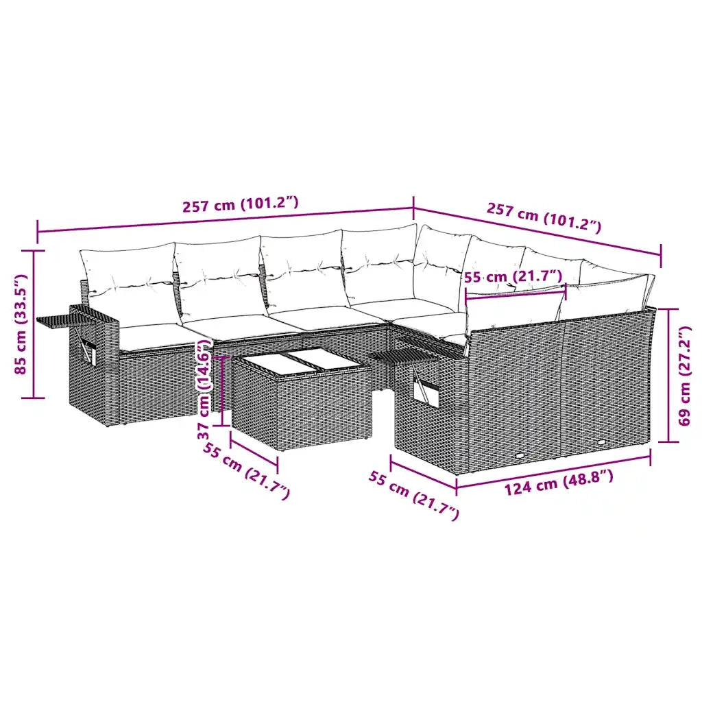 Set Divano da Giardino 9pz con Cuscini Grigio Chiaro Polyrattan