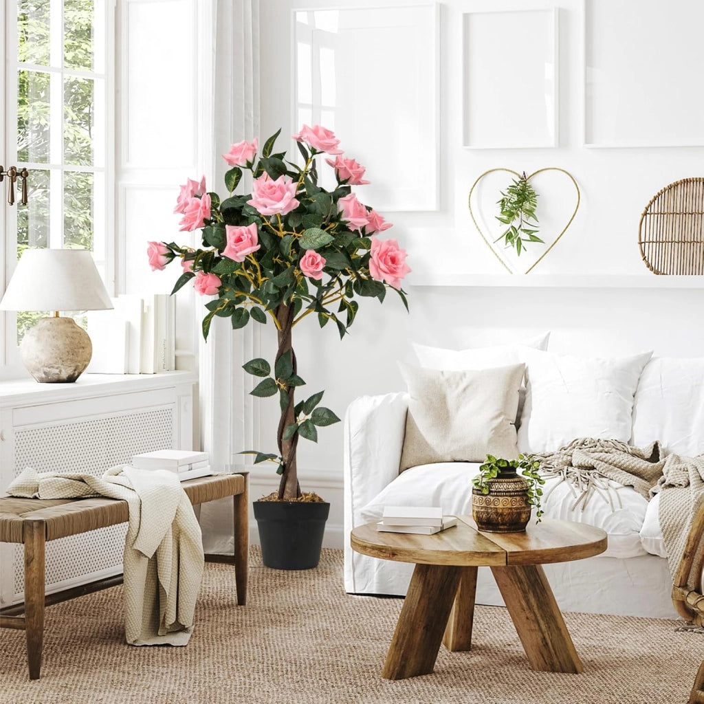 Pianta di vaso con rose artificiali, albero di fiori realistico, con tronco di legno e vaso di cemento, senza manutenzione, per la decorazione della casa e dell'ufficio