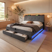 Letto matrimoniale imbottito 180x200 cm in lino grigio con contenitore; USB e LED