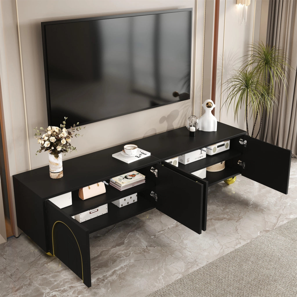 Mobile TV con 4 Ante e Ripiani; Apertura Push-to-Open; Piedini Rotondi Dorati; in Pannello Truciolare; 170??38??44 cm; Nero