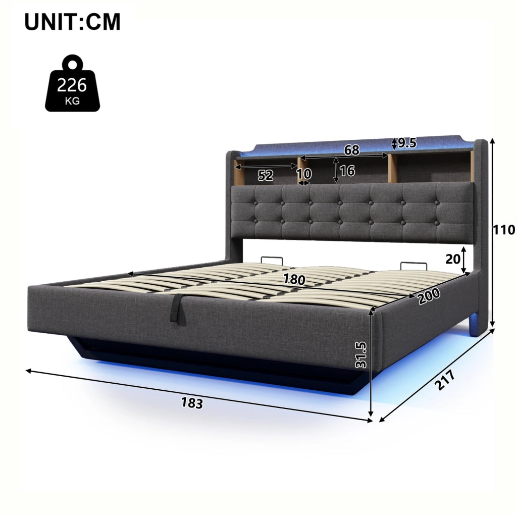 Letto matrimoniale imbottito 180x200 cm in lino grigio con LED; contenitore idraulico e USB