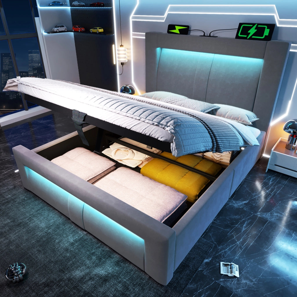 Letto singolo 90x200 in velluto grigio con contenitore， LED e materasso