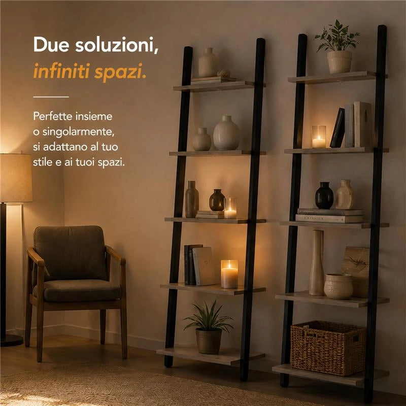 SCAFFALE DA PARETE INCLINATO CON 5 RIPIANI 64X48.5XH180 CM IN COLORE NERO