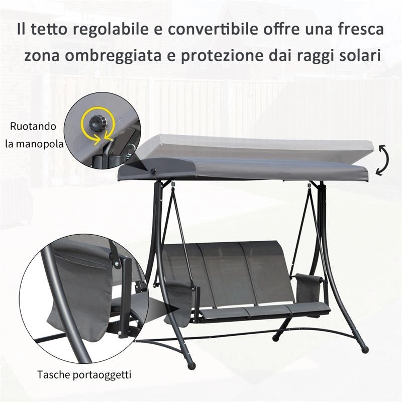 DONDOLO 3 POSTI DA GIARDINO CON TETTUCCIO REGOLABILE GRIGIO SCURO