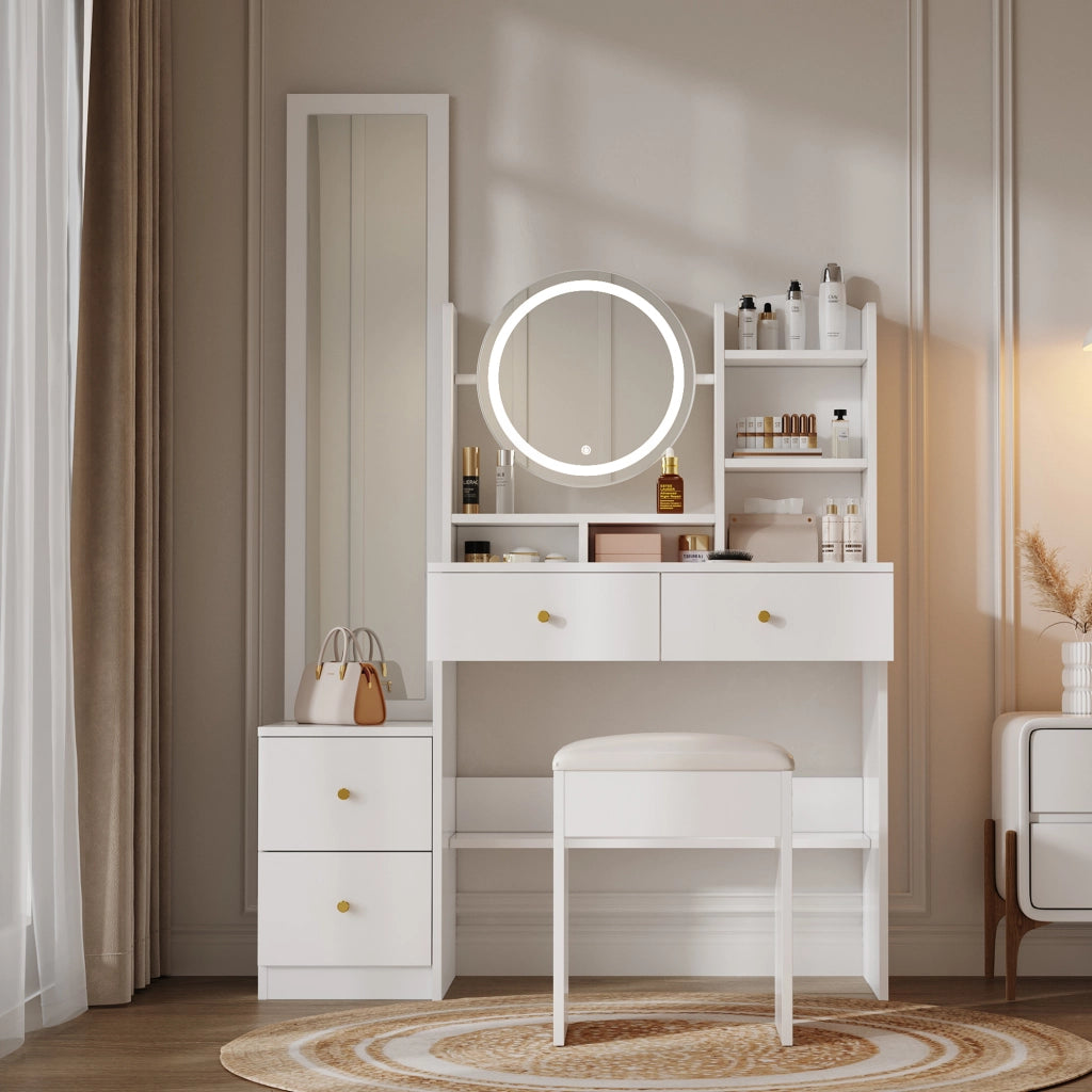 Toeletta 4 in 1 con specchio LED e specchio girevole, sgabello, 109x36x164 cm, bianca