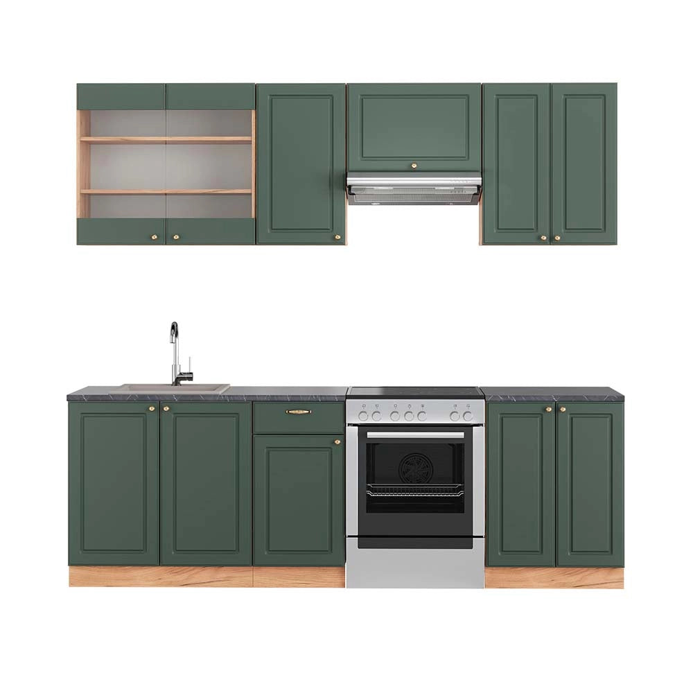 Cucina componibile Fame-Line Verde-oro rustico/Rovere dorato 240 cm, PL Antracite Vicco