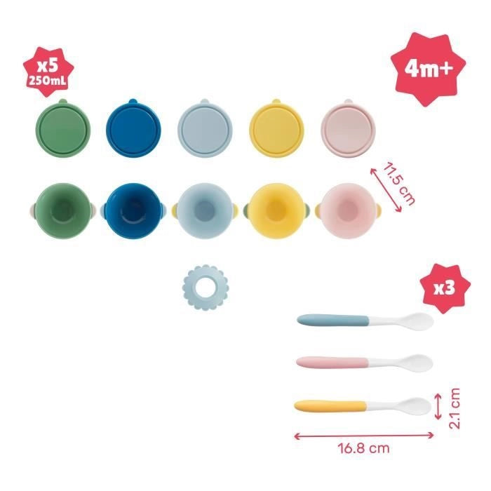 Badabulle Set di 5 ciotole antiscivolo 330ml e 3 cucchiai morbidi