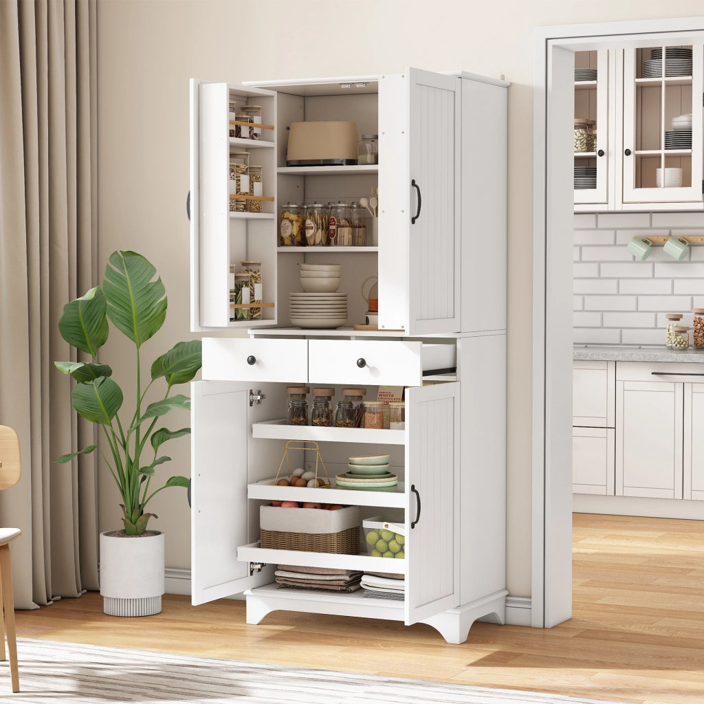Credenza alta bianca con 2 ante; 2 cassetti e ripiano estraibile per cucina