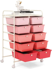 Carrello a 10 Cassetti con Ruote, Carrello di Stoccaggio con Stabilità Elevata, Carrello Multiuso per Casa Ufficio e Scuola, 65,5 x 37 x 87 cm (Sfumatura rosa)