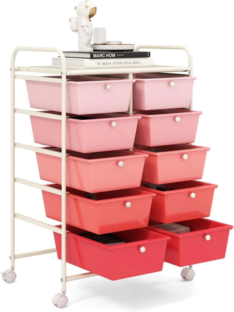 Carrello a 10 Cassetti con Ruote, Carrello di Stoccaggio con Stabilità Elevata, Carrello Multiuso per Casa Ufficio e Scuola, 65,5 x 37 x 87 cm (Sfumatura rosa)