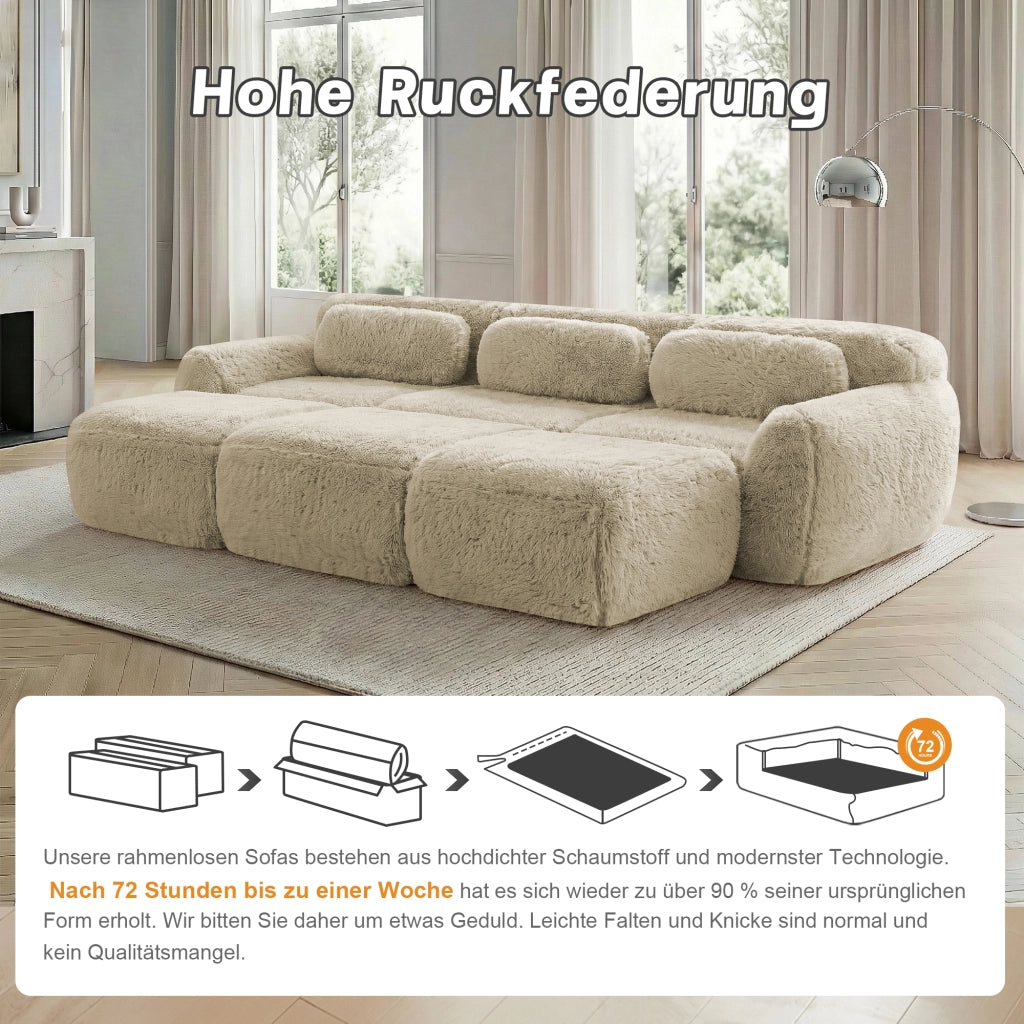Divano Modulare 3 Posti con 3 Pouf Base Antiscivolo Configurazione a U o L in Peluche Cachi Chiaro