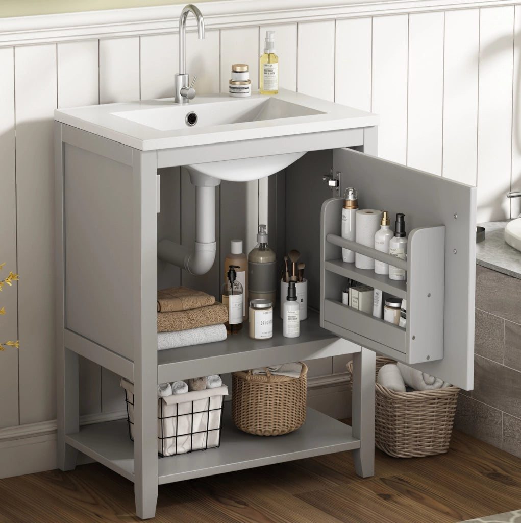 Mobile bagno grigio con lavabo in ceramica e ripiani interni