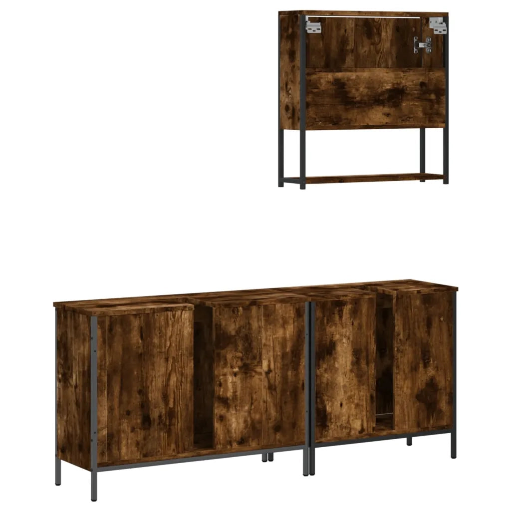 Set Mobili da Bagno 3 pz Rovere Fumo in Legno Multistrato