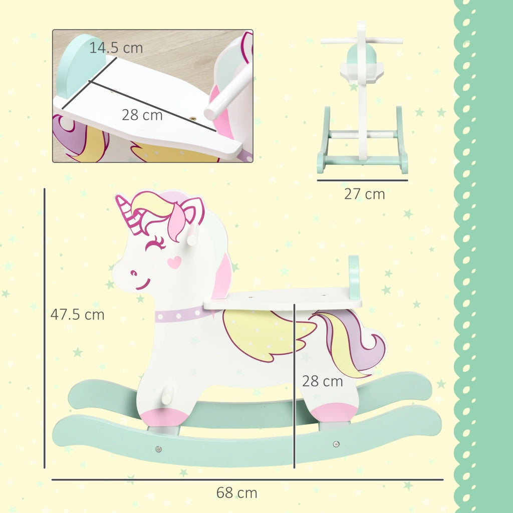 Cavallo a Dondolo per Bambini 1-3 Anni con Maniglie, Schienale e Pedali in MDF, 68L x 27P x 47.5A cm, Multicolore