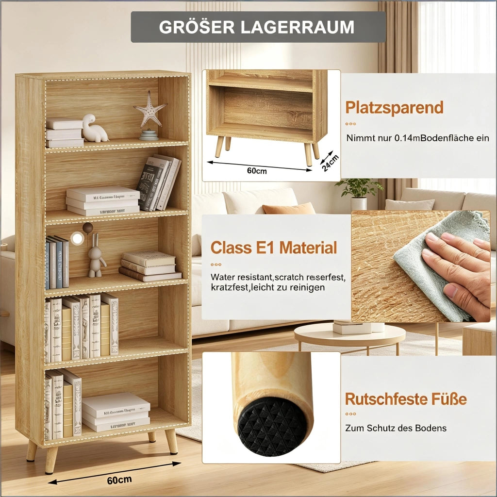 Libreria con 5 vani aperti e struttura stabile per soggiorno e studio in legno massiccio rovere chiaro 60 × 24 × 144 cm