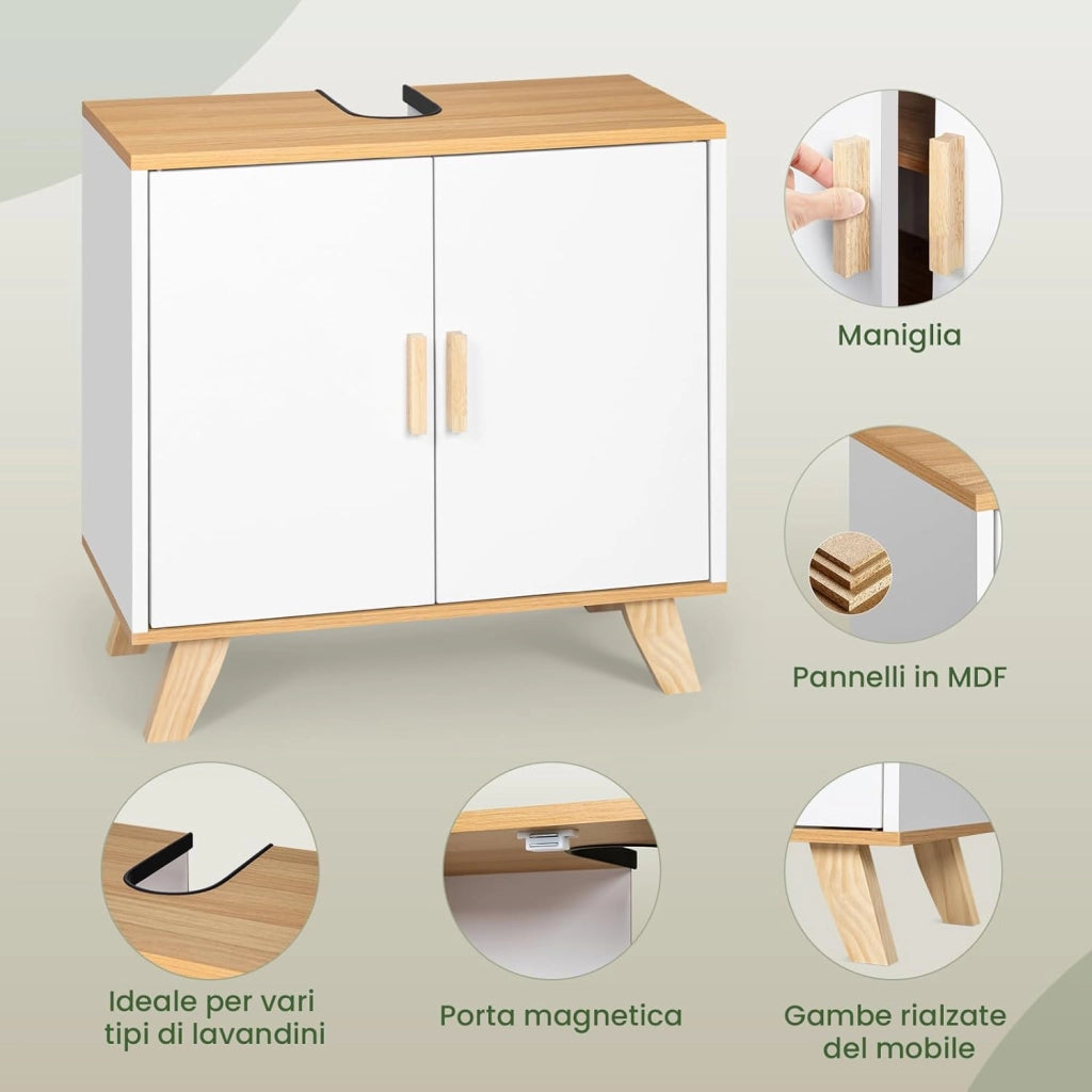 Mobiletto Sottolavabo Sottolavello Armadietto sotto Lavandino per Bagno con Due Ante in Legno