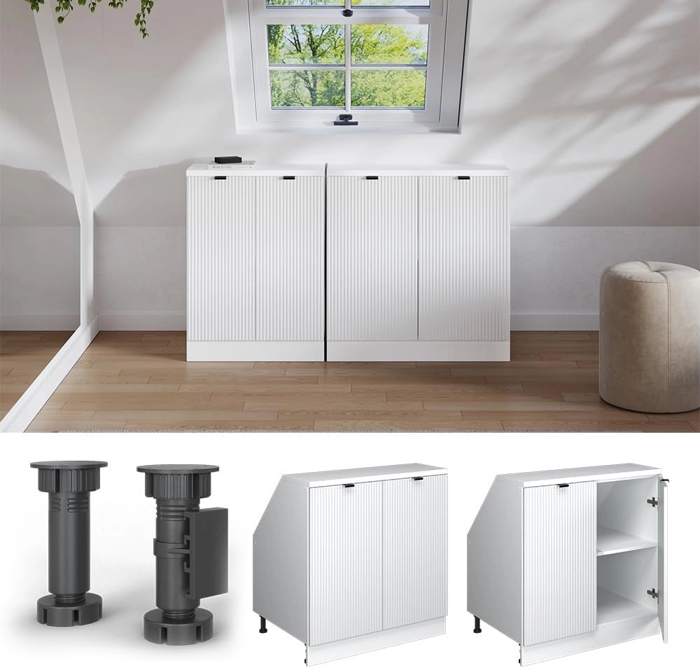 Mobile sottotetto Rion, Ondulazione bianca, 80 x 81.6 cm con 2 porte, carcassa 60 cm profondità, adatto per il salvaspazio sotto tetti spioventi
