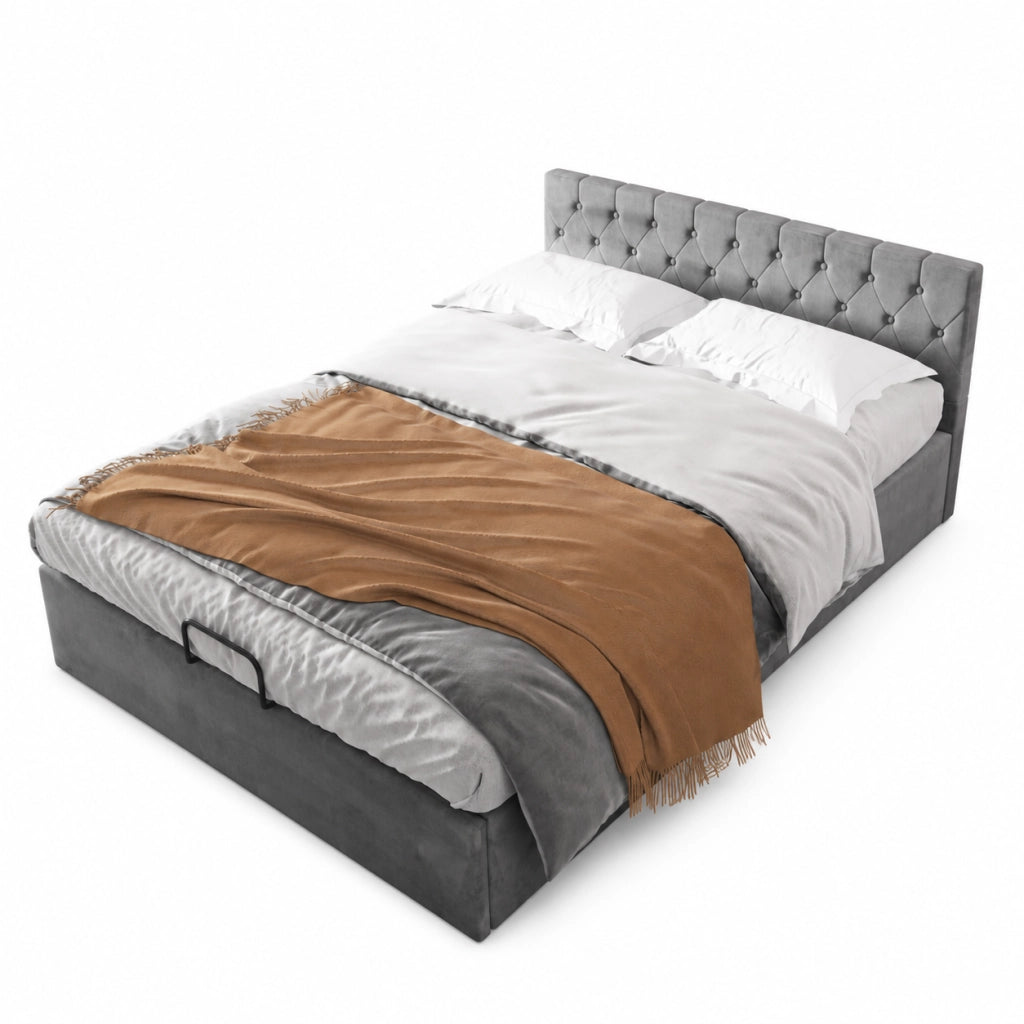 Letti contenitori 140x200 cm; contenitore idraulico; velluto grigio (Senza materasso)