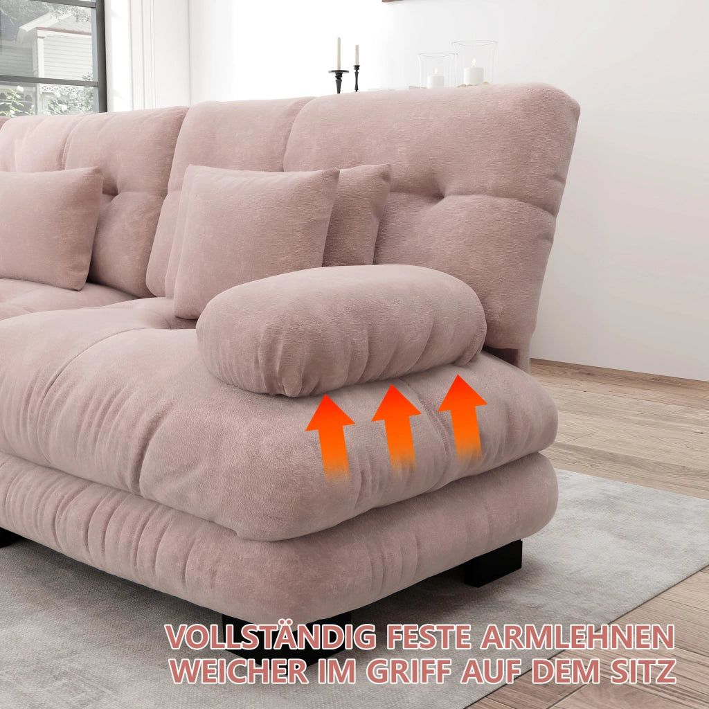 Divano angolare modulare con seduta profonda braccioli imbottiti cuscini lombari e decorativi in ciniglia rosa