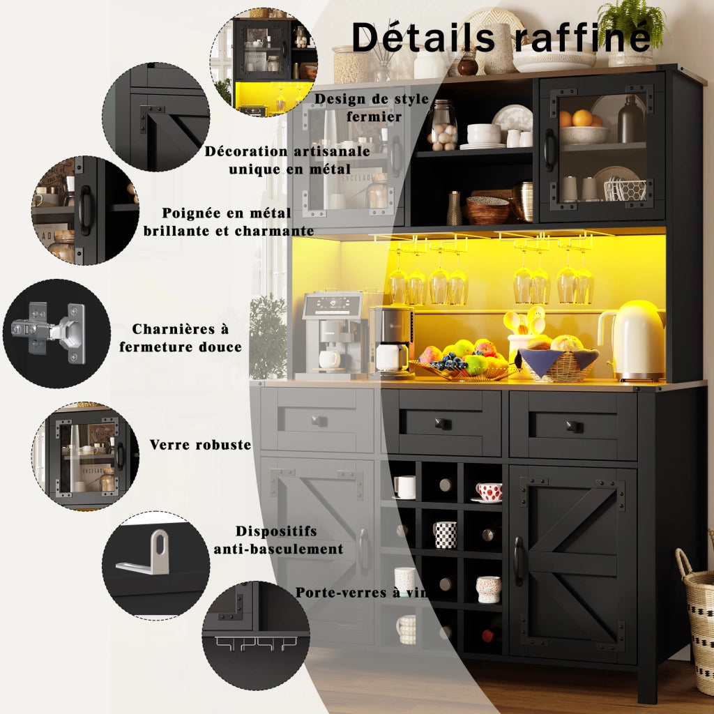 OKWISH Credenza Alta da Cucina con 4 Ante e 3 Cassetti, LED, Prese e Porte USB, per Cucina o Soggiorno, 120×40×170 cm