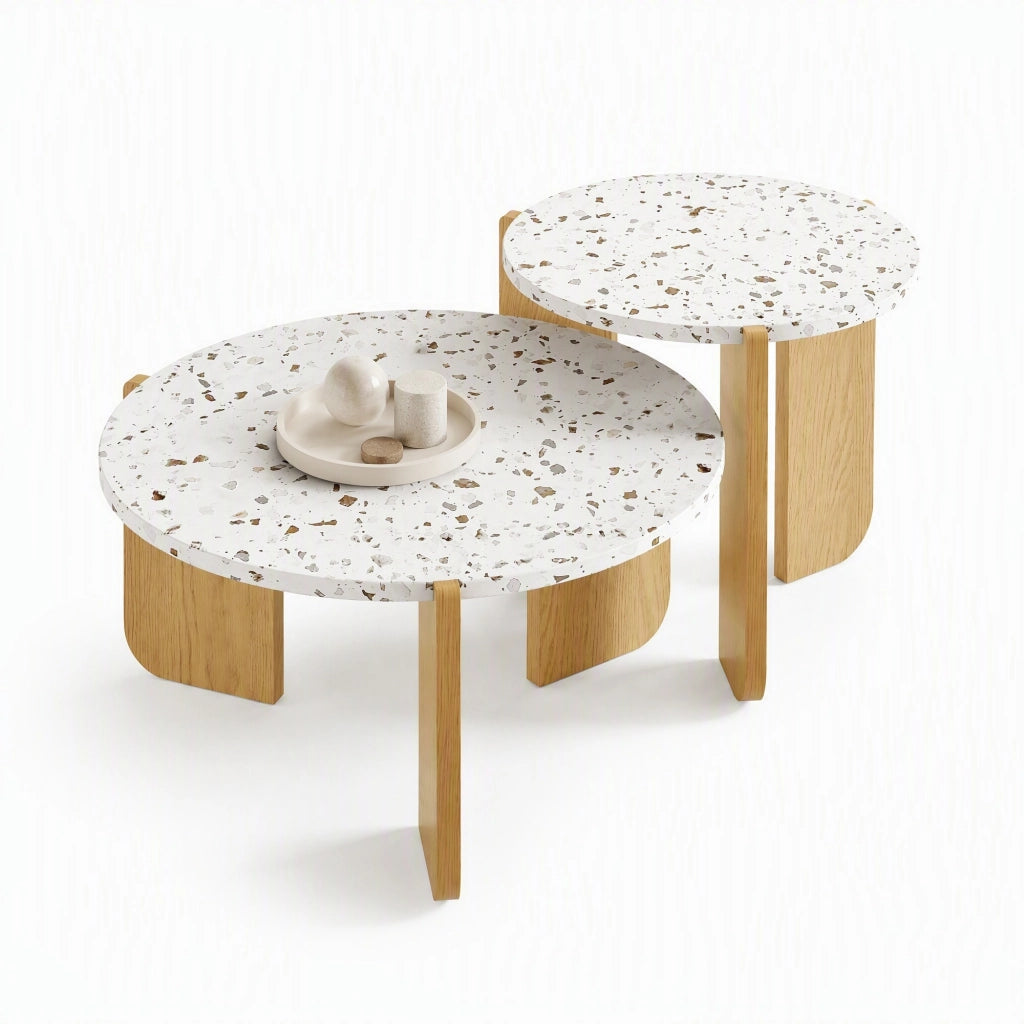 Set di 2 tavolini da caff猫 nidificanti in MDF 70x70 e 50x50 cm bianco e legno
