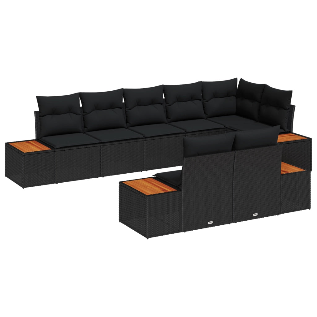 Set da Giardino 8 Pezzi con Cuscini Nero Polyrattan Acacia