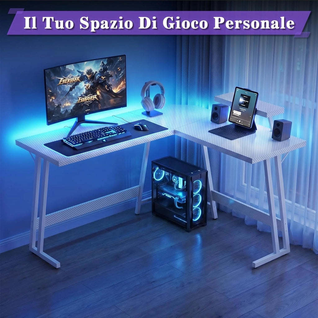 Scrivania per Computer 120 x 120 cm con Supporto per Schermo, Tavolo per Computer Ad Angolo, A Forma Di L, per Studiare, Giocare E Lavorare, In Carbonio Bianco
