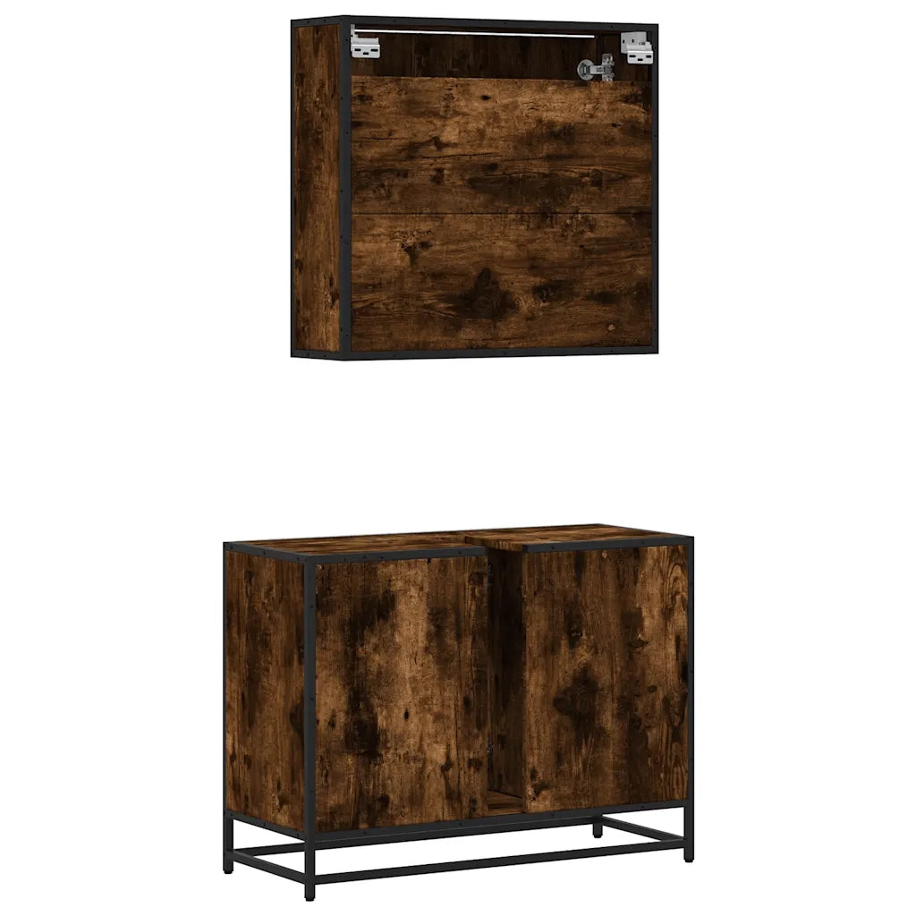 Set Mobili da Bagno 2 pz Rovere Fumo in Legno Multistrato