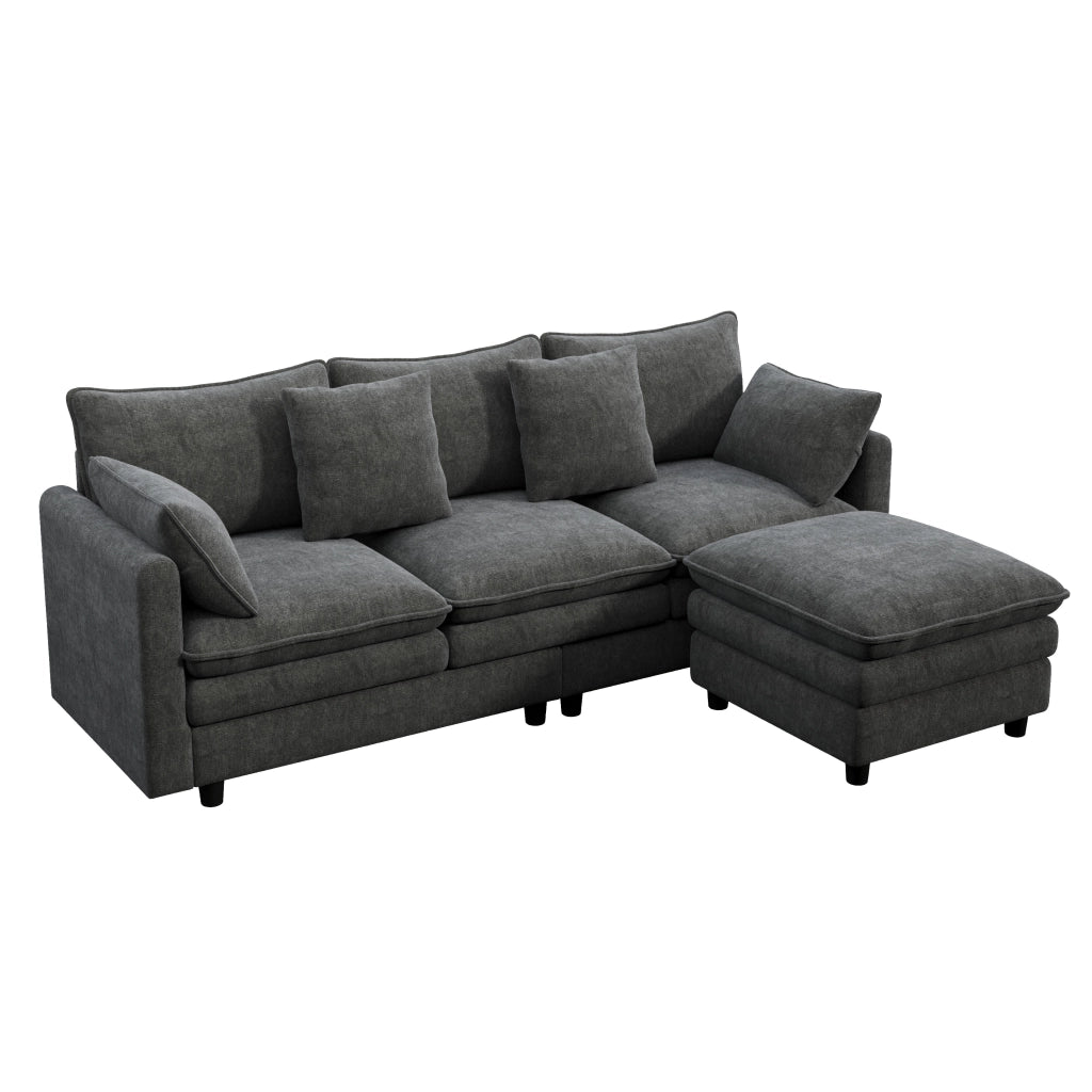 Divano angolare 3 posti con chaise longue mobile e 4 cuscini in ciniglia grigia 212×150×90 cm