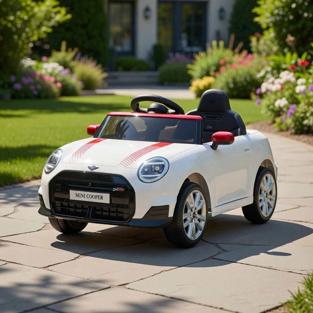 Macchina Elettrica per Bambini Licenza Ufficiale Mini Cooper S Cabrio 12V Sedili in Pelle e Telecomando Bianco