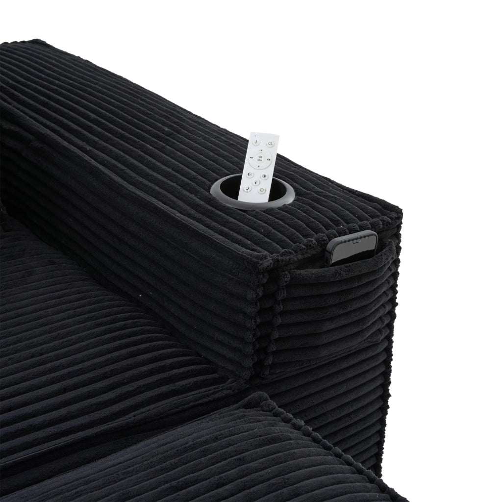 Divano modulare a 4 posti in tessuto a coste con 2 pouf, portabicchieri e tasche laterali, nero 330 × 162 × 75 cm