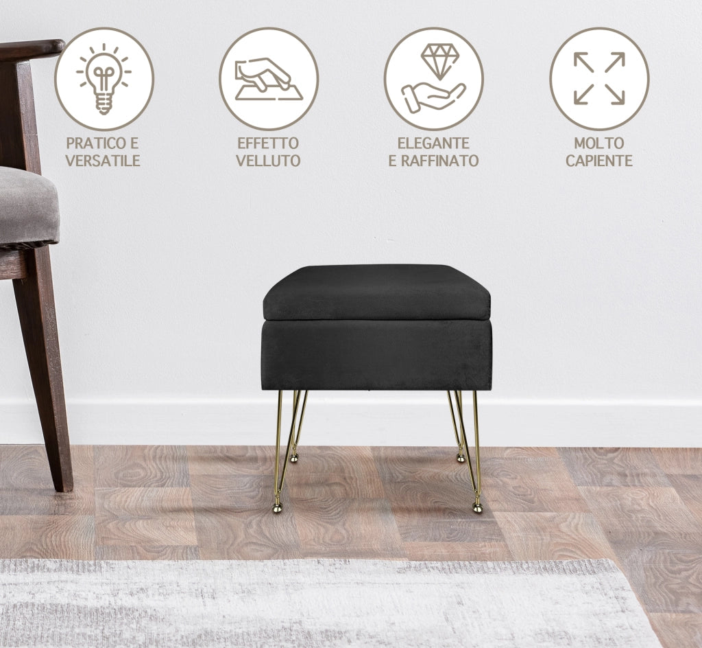 Pouf Panca Imbottita Divanetto In Velluto Contenitore PortaOggetti Panca Sgabello A Pie Di Letto Con Gambe In Metallo Dorato Cassapanca Scarpiera Ingresso Legno Massello Panchina  - Nero