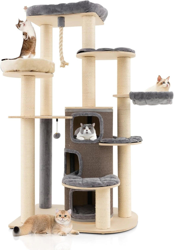 Albero Tiragraffi da 173 cm per Gatti, Torre per Gatti in Legno con Nicchia a 3 Piani, 2 Cucce Tiragraffi, Piattaforme, Amaca, Mobili Moderni per Gatti da Interno (Grigio)