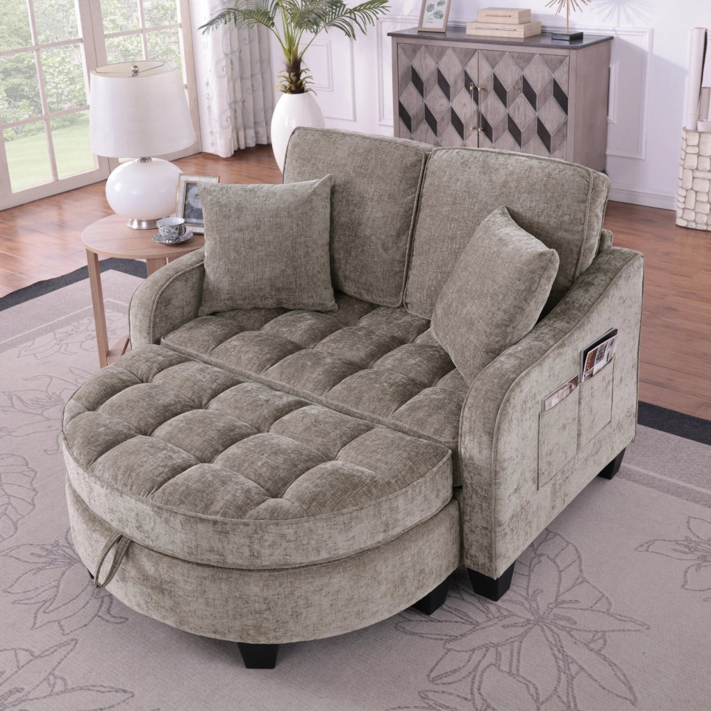 Divano Letto 2 Posti con Funzione Letto e Pouf Contenitore, Design Compatto, in Tessuto ed Eucalipto, Marrone