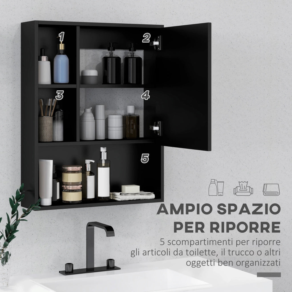 Armadietto Bagno con Specchio e Ripiani Regolabili - Minimal - Nero 60x15x76 cm