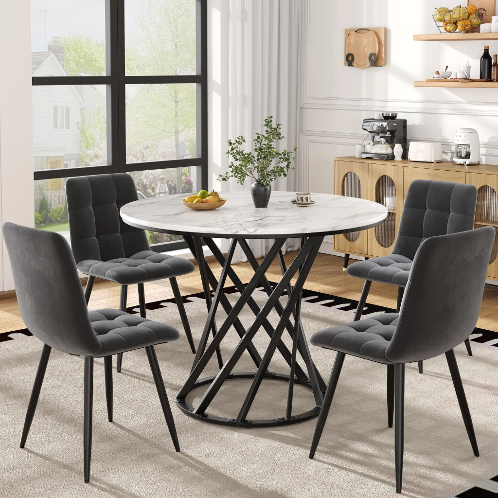 Tavolo da pranzo per 4 persone con 4 sedie in velluto, piano effetto marmo, gambe in metallo, per cucina, 80 cm