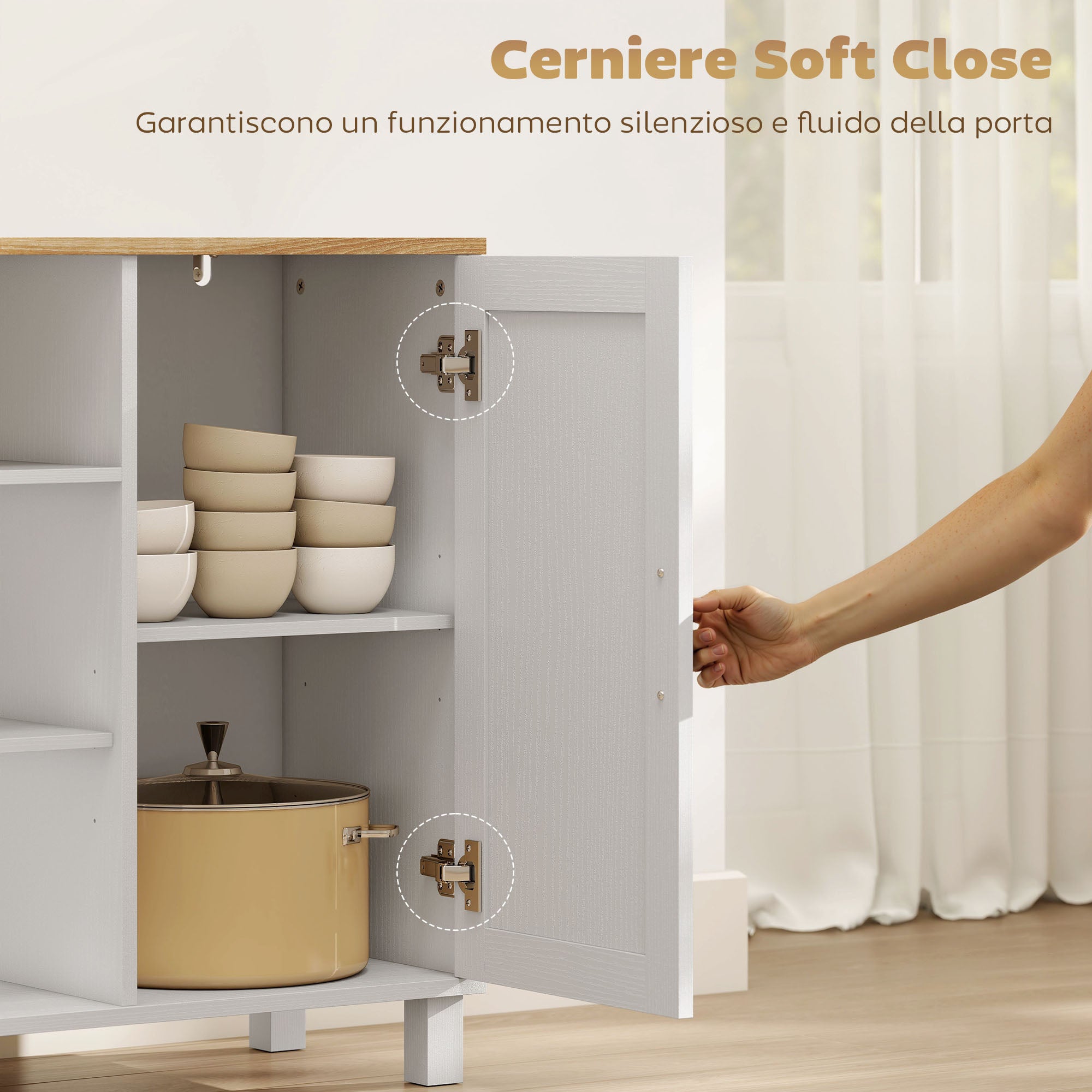 Credenza Cucina 110x33x75 cm con Ante Ammortizzate 2 Armadietti e Vano Aperto in Legno Bianco