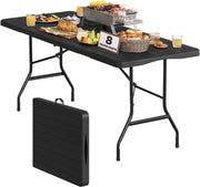 Tavolino Pieghevole Rettangolare, 180x74x74 cm, Tavolo da Esterno per 8 Persone, Richiudibile e Portatile per Giardino, Balcone e Campeggio, HDPE, Effetto Legno, Nero