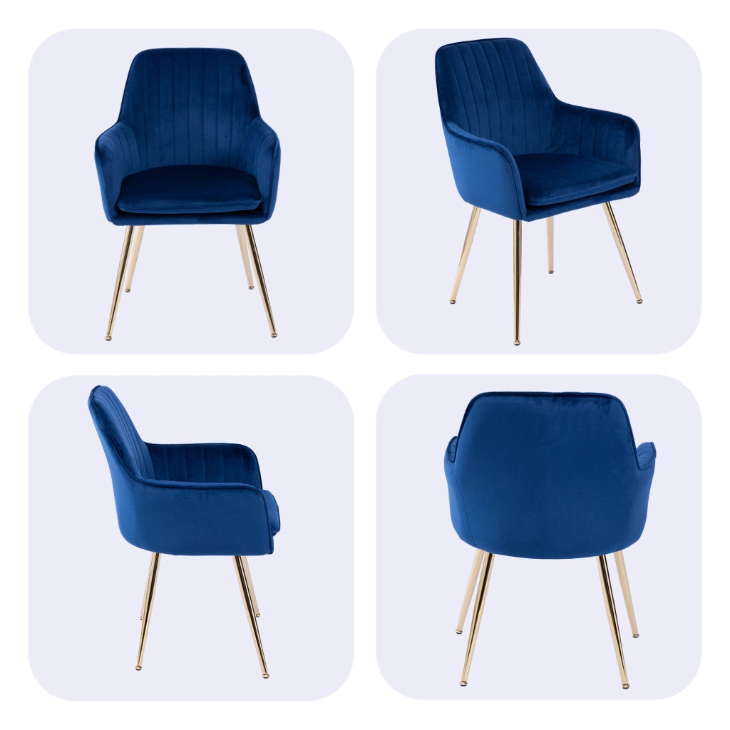 Set di 2 sedie da pranzo con braccioli in tessuto e gambe metalliche dorate blu