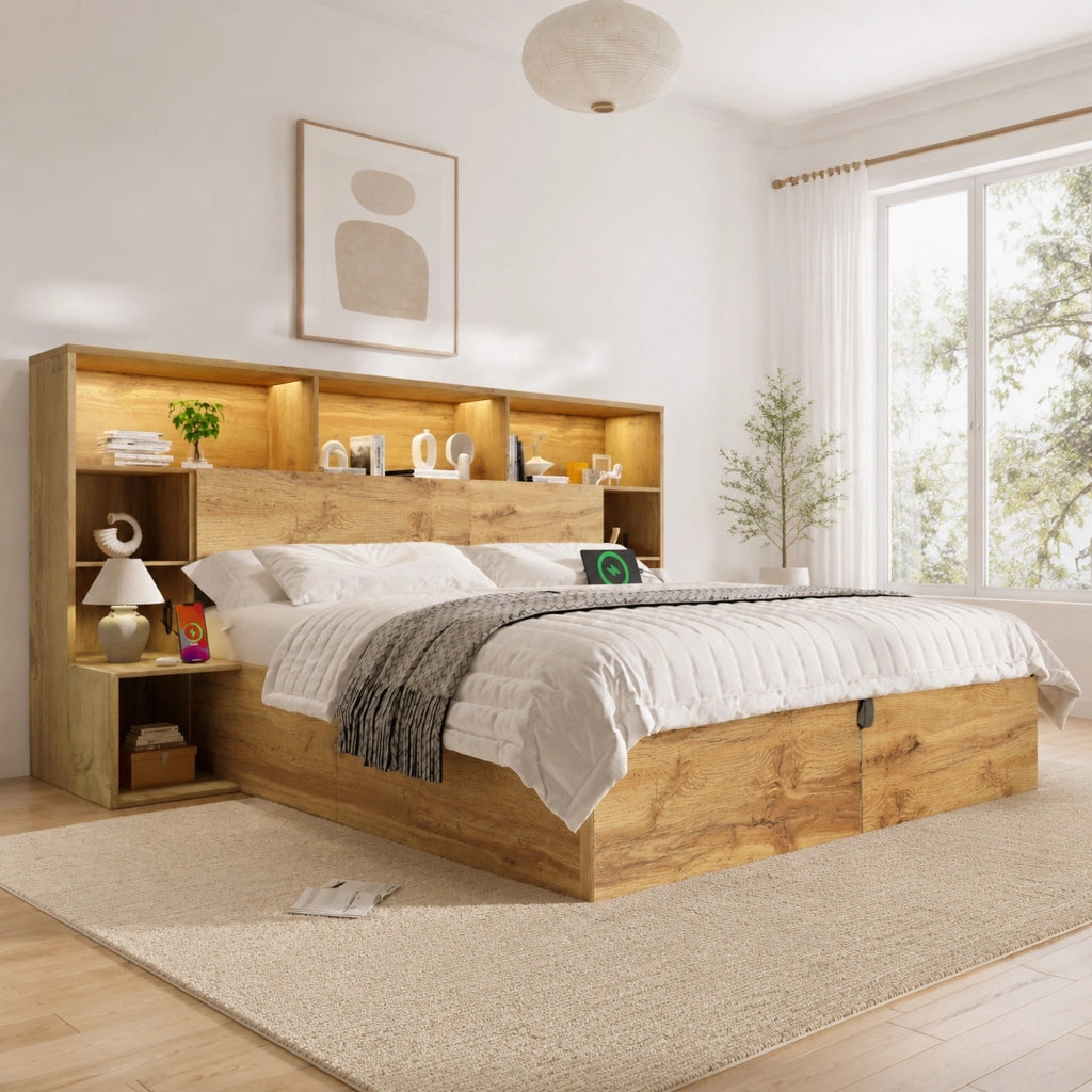 Letto matrimoniale 180x200 cm rovere con LED, USB e comodini