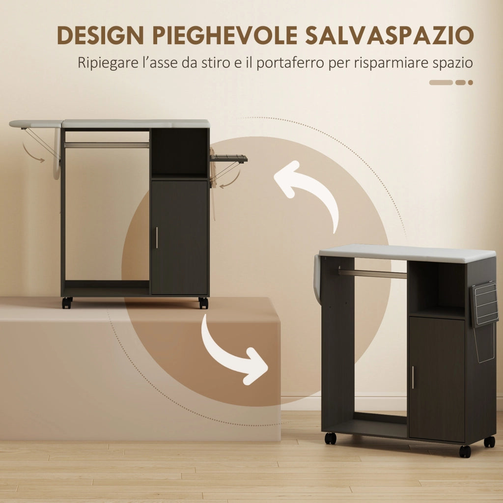 Mobile Asse da Stiro con Piano d'Appoggio ¨C Zephmum ¨C Effetto Lino, Nero, 127x42.5x99 cm