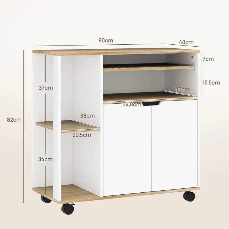 Carrello da Cucina con 2 Ante; 3 Vani Aperti; Ripiano Regolabile e Ruote; in Legno; 80 x 40 x 82 cm; Legno Naturale
