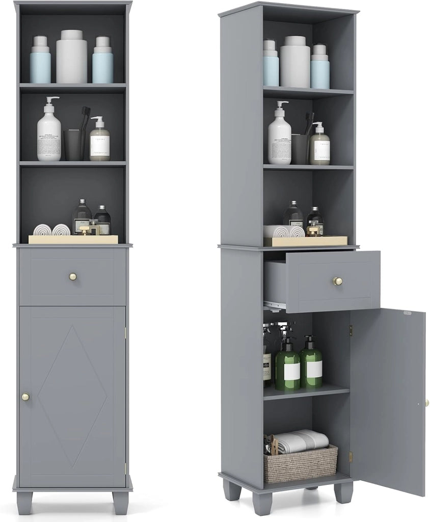 Mobile Bagno Alto 172 cm, Mobiletto Stretto da Pavimento con 3 Ripiani Aperti, 1 Cassetto, 1 Anta e Ripiano Regolabile, Armadietto Salvaspazio Indipendente per Cucina e Soggiorno (Grigio)