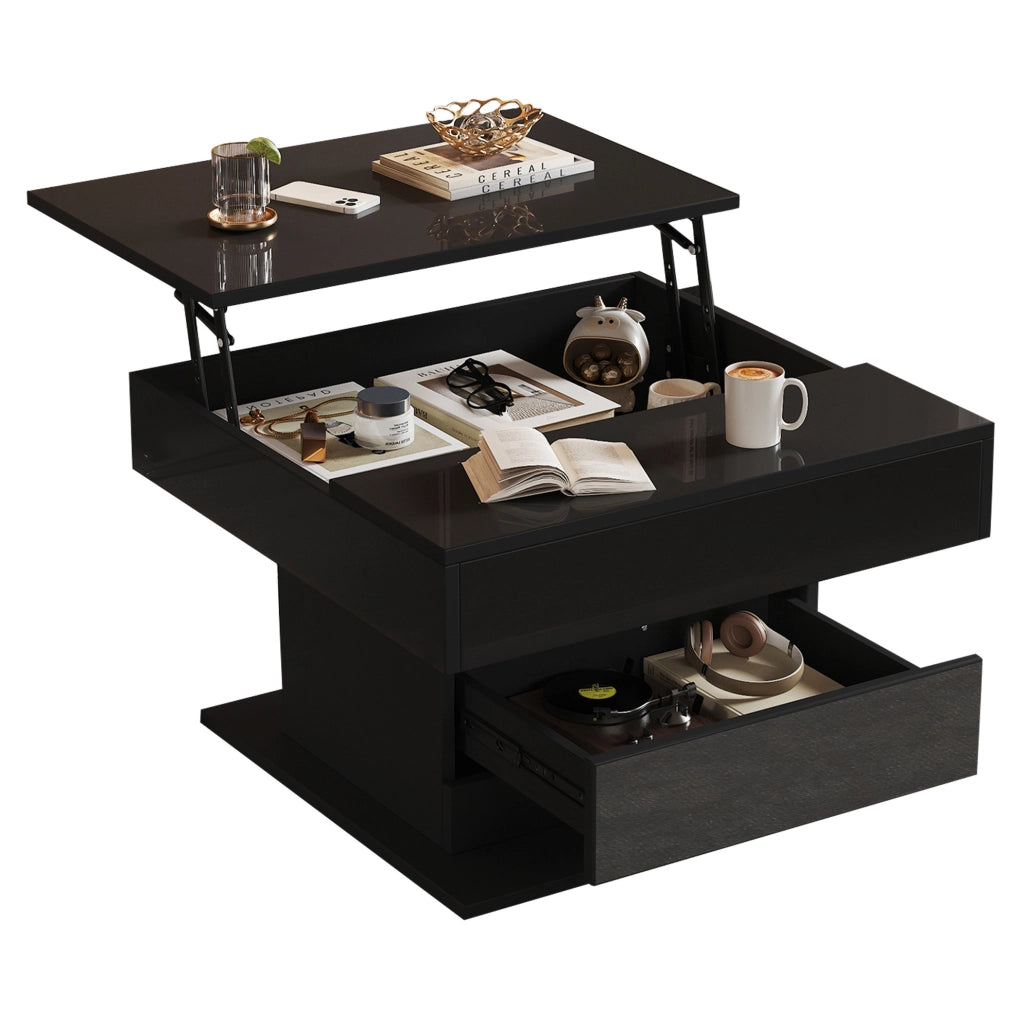 Tavolino da caffè 70x70x45 cm rialzabile; girevole 360°; in pannello truciolare nero lucido