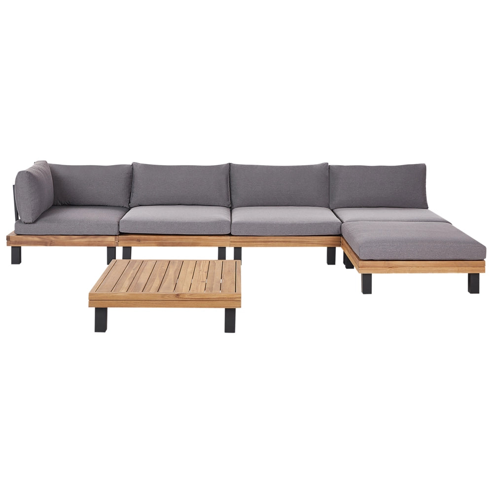 Set di divani angolari modulari da giardino Cuscini in poliestere grigio Struttura in legno di acacia certificata con tavolino da caffè