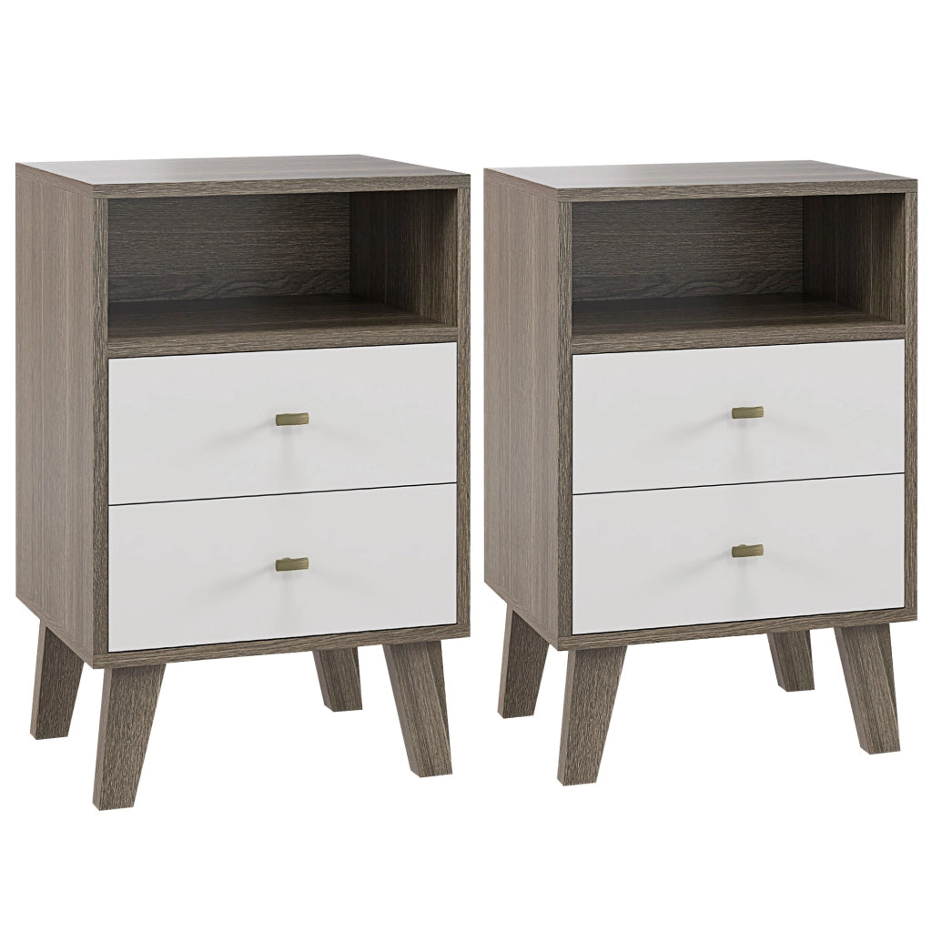 Set di 2 Comodini Moderni per Camera da Letto, Coppia di Comodini con 2 Cassetti e Vano Aperto, 40x34x64cm, Grigio e Bianco