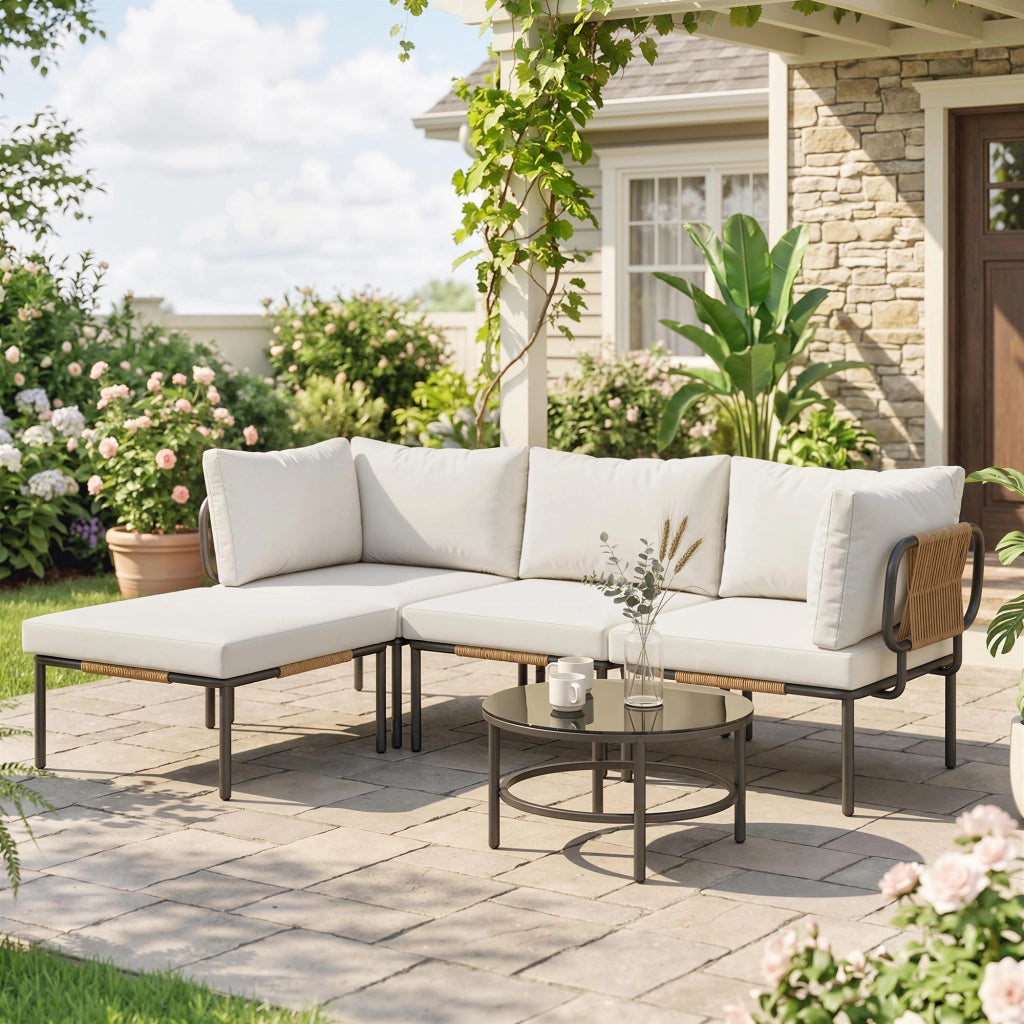 Set Giardino 5 Pezzi. Rattan Componibile L con Cuscini. Colore Cachi