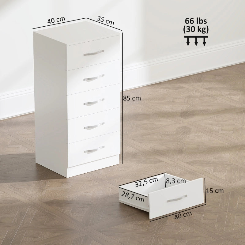 Comò stretto con 5 cassetti finitura bianca per camera da letto ingresso e soggiorno in legno bianco 40 × 35 × 85 cm